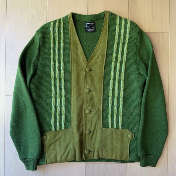 Vintage Towncraft Cardigan Medium Green Wool Suede 60s Pennys Made in USA - Picture 2 of 9